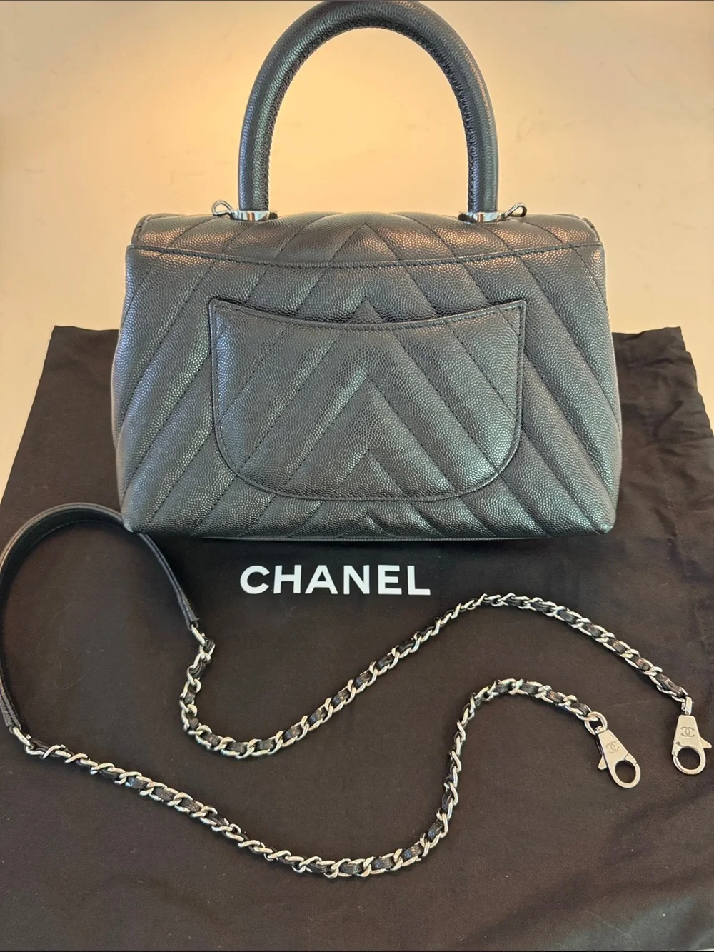 CHANEL Black Chevron Quilted Top-Handle Satchel with Chain Strap